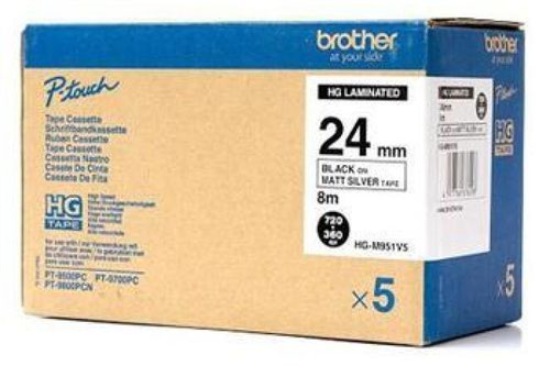BRHGEM951V5 | The Brother HGe-951V5 high-grade labelling tapes in black on matte silver offer both high-quality resolution and high-speed printing, making them the perfect tool for industries that need to print large quantities of labels as quickly as possible.