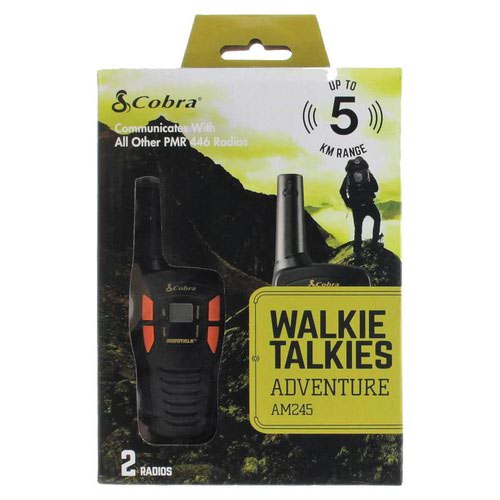 The AM245 in the 'Adventure' series of Cobra Walkie Talkies is the standard model suitable for outdoor activities such as Hiking, Camping, Jogging but also during group activities and work related projects.It has up to 5Km range* with 8 channels, Roger Beep and a unique power saving function. Rechargeable batteries and USB charging cable are included.Included in the box:1 pair of AM245 2 way radios(orange & black), Micro USb ””Y”” cable, Rechargeable NiMH Batteries* Subject to terrain and conditions