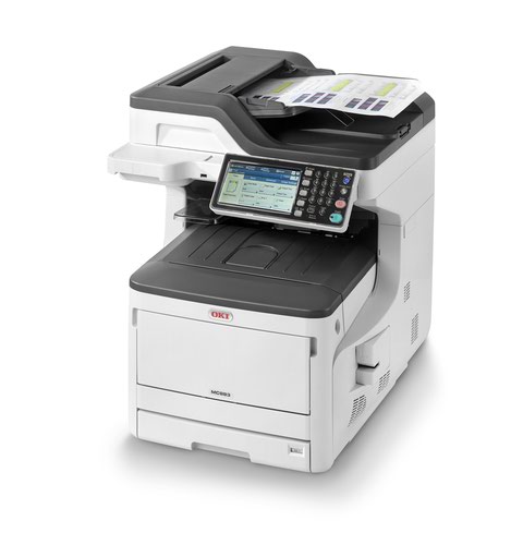 8OK09006110 | With fast print and copy speeds, the high capacity MC883 A3 colour multifunction printer is the ideal solution for the larger, demanding workgroups. Low user intervention and lower running costs, together with the easy-to-use operator panel help keep busy teams productive.Fast print and copy speeds combined with higher capacity consumables make the MC883 an ideal solution for demanding workgroups. Combining rapid print speeds of up to 35ppm with advanced scan, copy and fax functions and an easy-to-use operator panel, the flexible, high-performance device features smart software solutions and integrates with a range of third-party solutions.Built to perform, the MC883 delivers exceptional colour at impressive speeds, with efficient, ultra-high-capacity toners minimising running costs and user intervention.The powerful MC883 combines reliable, industry-leading digital LED print technology with a High Definition LED colour scanner, providing rapid scan speeds and superior copy quality. Document collation automatically sorts copies of multi-page documents, saving time.Featuring an intuitive, user-friendly display and OKI's smart Extendable Platform (sXP), the advanced MC883 helps streamline document-intensive business processes. Seamless integration with third-party solutions including document management, distribution and capture helps to meet current and future document management requirements.Consolidating multiple devices into one high-performance MFP, the MC883 reinvents fax capability. Fax documents directly from or to a PC, forward faxes to another machine, networked folder or email address, store and view incoming faxes and block junk transmissions.The MC883 is a perfect fit for organisations within the Healthcare sector. With a compact footprint, it will easily fit into busy environments such as hospitals or GP surgeries where space is at a premium. Healthcare organisations run a 24/7 service and the availability and confidentiality of information is critical at all times. Thanks to easy self-maintenance, the MC883 can be relied on without the need to call an engineer, so documents such as badges, forms and medical information can be printed, scanned, stored, sent and accessed at any time of the day, uninterrupted. Furthermore, the robust security of the MC883 safeguards patient confidentiality throughout the document workflow.For Construction sites, meeting tight deadlines is critical to project delivery, costs and timelines. The MC883 is ultra reliable with easy user maintenance without the need for engineer callouts, ensuring documents can be scanned, stored, copied or printed at all times, including site badges, contractor information, delivery orders and health and safety certificates. The 1200 x 1200 dpi resolution and A3 print capabilities ensure the fine details of drawings, plans, blueprints, and instructions, as well as site signage, can be printed on-site without the need for outsourced printing, saving time, money and space.For document intensive businesses such as Professional Services, with high security requirements, the MC883 offers PIN or ID authentication, so confidential documents such as legal files, contracts, financial records and invoices, are kept secure at all times with full traceability. Documents can also be securely scanned, stored or sent to required destinations for simple document management. And thanks to easy maintenance, the MC883 can always be relied on even in the most high-pressure environments without the need for specialist engineers.AS A PRINTER: Up to 35 pages per minute (A4) & 20 pages per minute (A3), 1200 x 1200dpi, 800MHz processor with a time to first print of 9.5 seconds and a warm up time of 32 seconds. Also prints barcodes and QRcodesAS A COPIER: Up to 35 copies per minute, 25-400% reduction/enlargement, 600x600dpi, up to 999 copies with a first copy out of less than 10 seconds.AS A SCANNER: 100 sheet RADF (Reverse Automatic Document Feeder) and flatbed scanner, scan to shared folders (CIFS, FTP, HTTP), E-Mail, USB Memory, Local PC, Remote scanAS A FAX: 33.6K modem, 400 page memory, 32 groups, 40 one touch dialling with 1000 speed dials
