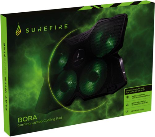 SUF48818 | SureFire Bora Gaming Laptop Cooling Pad is suitable for laptops from 12 to 17 inches. The four adjustable green LED illuminated fans achieve a cooling speed of up to 1200RPM. It has two different viewing angles, a non slip base and two hinged stoppers to secure the laptop. There is also an additional USB port. System Requirements: Notebook with USB port or power supply with USB 2.0 and higher (5V/500mA) USB 3.2 Gen 1 or USB 2.0.
