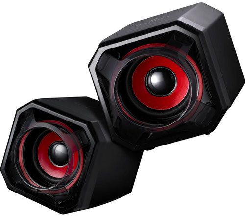 VER48820 | Get the sound you need for your epic gaming sessions on your laptop or PC. Compact in size, but with the sound to impress, the SureFire Gator Eye 2.0 speaker set provides a rich sound boost for games, videos and music.Do you like powerful bass? The 5W RMS stereo speakers deliver enhanced bass that will fill the room and resonate through you. The red accents on the speaker cone and surround are the perfect partner to your gaming setup. Controlling the sound is easy; the volume button sits conveniently on the cable, allowing you to quickly adjust it at any time. No fiddling with the controls on your laptop.The Gator Eye is USB powered. Connect to an audio output from a PC, laptop or games console with the 3.5 mm stereo jack and a USB 2.0 (or higher) port and you are ready for action. No need for a separate wall plug.