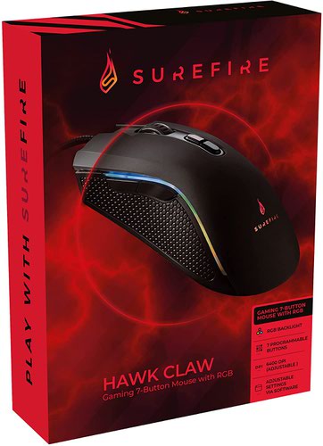 SUF48815 | The SureFire Hawk Claw Gaming Mouse has a highly responsive optical sensor with adjustable DPI of up to 6400 resolution and adjustable polling rate of up to 1000 Hz. It has 7 programmable buttons and full RGB LED lighting. System Requirements: Windows 10, 8, 7 Mac OS X 10.5 or higher USB 3.2 Gen 1 or USB 2.0 Consoles with USB port.