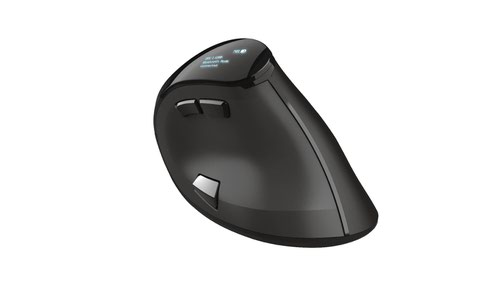 8TR23731 | Wireless rechargeable mouse with digital display and ergonomic vertical design for optimal comfort.Stop straining your wrists during long workdays. With the Trust Vox Wireless Rechargeable Ergonomic Mouse you continue working for as long as you want. The vertical shape of this ergonomic mouse reduces wrist and arm strain, while the adjustable buttons and the LED display menu help you improve your workflow.While the vertical design is comfortable to hold, a mouse is nothing if it’s not functional. That’s why the Voxx is a real work horse with 9 buttons. Use the DPI button to adjust your cursor speed (1200, 1600, 2000 and 2400 DPI), and the side-buttons to quickly go back and forward in your browser. Or adjust the buttons to your liking.Ever changed a setting and wandered what your current mouse settings are? Well, no more. The Vox Wireless Rechargeable Ergonomic Mouse has a handy LED display that lets you keep track of your most important settings, like button functionality, DPI, connection status and remaining battery life. You can finally concentrate on what’s important: getting work done.The Voxx can be used just the way you would like. Use it wirelessly via Bluetooth on supported laptops, tablets, even smartphones. And if your laptop or PC doesn’t support Bluetooth, the included USB Micro Receiver will save your day. It’s conveniently stored within the mouse itself, so it’s never out of reach. You can even use this mouse after you run out of battery, thanks to the charging cable.