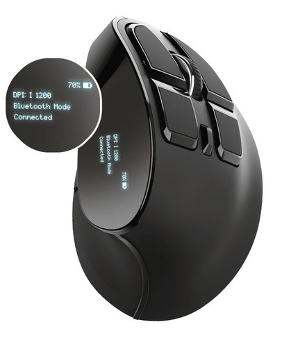 Wireless rechargeable mouse with digital display and ergonomic vertical design for optimal comfort.Stop straining your wrists during long workdays. With the Trust Vox Wireless Rechargeable Ergonomic Mouse you continue working for as long as you want. The vertical shape of this ergonomic mouse reduces wrist and arm strain, while the adjustable buttons and the LED display menu help you improve your workflow.While the vertical design is comfortable to hold, a mouse is nothing if it’s not functional. That’s why the Voxx is a real work horse with 9 buttons. Use the DPI button to adjust your cursor speed (1200, 1600, 2000 and 2400 DPI), and the side-buttons to quickly go back and forward in your browser. Or adjust the buttons to your liking.Ever changed a setting and wandered what your current mouse settings are? Well, no more. The Vox Wireless Rechargeable Ergonomic Mouse has a handy LED display that lets you keep track of your most important settings, like button functionality, DPI, connection status and remaining battery life. You can finally concentrate on what’s important: getting work done.The Voxx can be used just the way you would like. Use it wirelessly via Bluetooth on supported laptops, tablets, even smartphones. And if your laptop or PC doesn’t support Bluetooth, the included USB Micro Receiver will save your day. It’s conveniently stored within the mouse itself, so it’s never out of reach. You can even use this mouse after you run out of battery, thanks to the charging cable.