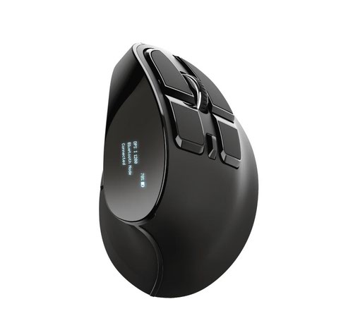 8TR23731 | Wireless rechargeable mouse with digital display and ergonomic vertical design for optimal comfort.Stop straining your wrists during long workdays. With the Trust Vox Wireless Rechargeable Ergonomic Mouse you continue working for as long as you want. The vertical shape of this ergonomic mouse reduces wrist and arm strain, while the adjustable buttons and the LED display menu help you improve your workflow.While the vertical design is comfortable to hold, a mouse is nothing if it’s not functional. That’s why the Voxx is a real work horse with 9 buttons. Use the DPI button to adjust your cursor speed (1200, 1600, 2000 and 2400 DPI), and the side-buttons to quickly go back and forward in your browser. Or adjust the buttons to your liking.Ever changed a setting and wandered what your current mouse settings are? Well, no more. The Vox Wireless Rechargeable Ergonomic Mouse has a handy LED display that lets you keep track of your most important settings, like button functionality, DPI, connection status and remaining battery life. You can finally concentrate on what’s important: getting work done.The Voxx can be used just the way you would like. Use it wirelessly via Bluetooth on supported laptops, tablets, even smartphones. And if your laptop or PC doesn’t support Bluetooth, the included USB Micro Receiver will save your day. It’s conveniently stored within the mouse itself, so it’s never out of reach. You can even use this mouse after you run out of battery, thanks to the charging cable.