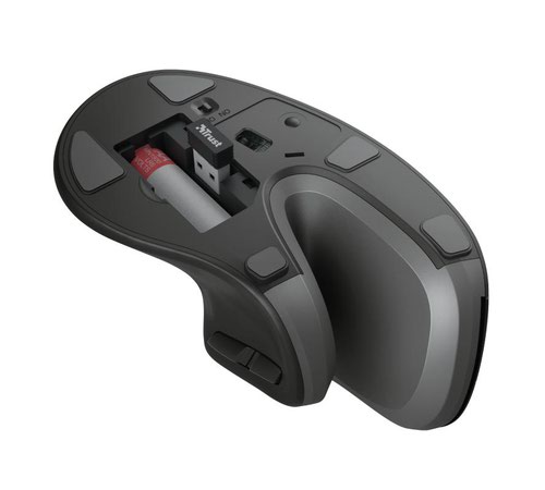 8TR23507 | Wireless mouse with ergonomic vertical design to reduce arm and wrist strain.Make the most of the hours you spend working on your computer with a mouse. The Trust Verro Ergonomic Wireless Mouse is the vertical solution to wrist and arm strain and pain. With its unique shape and various functional features, the Verro is the smart choice when you need to operate a mouse for long hours.Over long periods of use, the tiny movements you make with your mouse will make a great difference to your body. Designed at a unique vertical angle, the Verro brings your wrist into an optimal position of 60° so that those movements are carried out in your body’s most natural posture. Furthermore, it’s lightweight, shaped to fit all sizes of hands and boasts rubber coating to give a perfect grip. Working with Verro will feel like a real relief.Choosing a mouse that’s better for your posture, doesn’t have to mean compromising on looks. The Trust Verro Ergonomic Wireless Mouse has plenty of both; health benefits do come in a stylish design. With a smooth design and soft round edges in black, this is the ergonomic mouse that you won’t want to hide in your desk drawer.Don’t let cables get in the way of your workflow or influence your working position. The 10 meter wireless range of the Verro guarantees optimal freedom. Simply plug in the micro-receiver to use the mouse and store it in the special compartment in the mouse when your work is done. This handy mouse also features an on/off switch to save on energy by turning it off when you are not using it. The Verro is the definition of smart working.