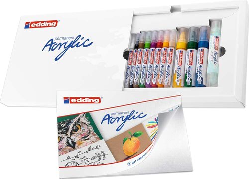 10544ED | Premium quality acrylic marker, waterproof, pigmented water-based ink; opaque, lightfast and permanent; for a clean application and a matt finish.Acrylic paint pens set to start acrylic painting instantly and with ease; 12 perfectly-coordinated, blendable colours; includes A4-sized art pad.