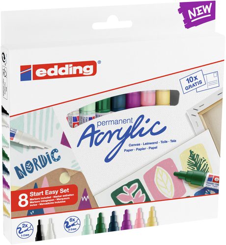 The Acrylic Starter Sets offer an easy and instant start to acrylic painting. Each set comes with carefully coordinated colours for a wide variety of motifs and artworks - at home on a canvas or on the move on the A6 postcard or A4 colouring block included in the set.The ink contains high-quality, waterproof, pigmented, water-based acrylic ink. The luminosity and colour effects will inspire you! They come in different degrees of coverage. This allows a wide range of painting techniques. The colours are also colour-coordinated with those of the edding 5200 permanent sprays.