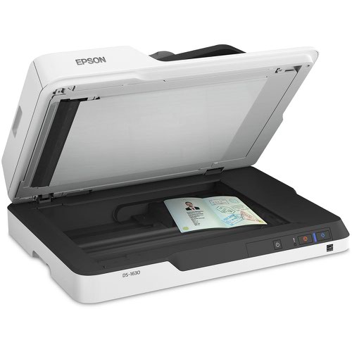 8EPB11B239401BY | Versatile and fast with the smallest footprint in its class and a high-speed ADF for enhanced productivity.Combining a flatbed scanner with the convenience of a 50-page ADF makes it possible to scan a wide range of challenging documents, including books, bound documents, passports and delicate items while quickly and simply scanning stacks of office documents. Its small footprint makes it easy to position in front office and customer-facing environments, as well as back office workgroups.Smart colour and image adjustments, including auto crop, skew correction, blank page and background removal, with Epson's Image Processing Technology. With long document mode it's possible scan over three metres (3048mm) of paper single sided.One of the fastest scanners in its class with a 25ppm scan speed. USB 3.0 connectivity means there is no slow down, even when scanning at 300dpi high resolution. Scan both sides of a page with double-sided scanning capability for greater convenience. Create up to 30 jobs with the optional network panel and scan directly to server locations, cloud services and Microsoft SharePoint. Included Epson software enables dual image output; scan once and send to two different destinations. The DS-1630 also encourages easy, one-touch scanning to folders, email, online storage accounts and more.