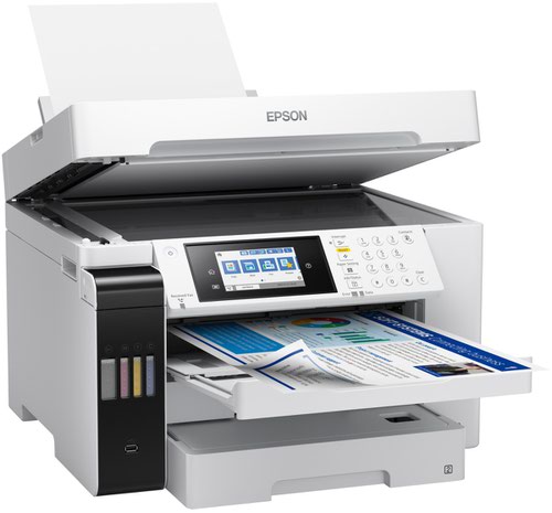 8EPC11CH71405BY | Fast and feature-rich, this A3 colour multifunction printer delivers hassle-free printing at an ultra-low cost total cost of ownership. Print, scan, copy and fax with this easy-to-use EcoTank Pro Wi-Fi printer, that delivers an exceptionally low cost-per-page and reduces your energy consumption thanks to Heat-Free technology. With fast print and scan speeds, A3 and A4 jobs can be accomplished quickly. Using Open Platform, seamlessly integrate a variety of software solutions into existing IT infrastructure to improve efficiency.Save every time you print with the ET-16680. Thanks to low-cost ink bottles, benefit from incredibly low costs-per-page. Epson's Heat-Free technology keeps energy consumption down to a minimum, saving on energy bills.The ET-16680 offers a first page out time of just 5.5 seconds and print speeds up to 25 pages per minute. The automatic document feeder can scan up to 26 images per minute.A variety of software solutions can be integrated into existing IT infrastructure to improve efficiency. This includes Epson Remote Services (ERS) which offers cloud-based device monitoring and management system that delivers advanced remote diagnostics for Epson business products.Minimising refills, this EcoTank Pro can print thousands of pages before needing more ink. Two trays offer a capacity of 500-sheets. Free yourself from manual page loading with a generous 50-sheet rear feed and ADF.Selecting features is easy with the LCD colour touchscreen. And refilling the large front ink tanks is simple with the resealable, intuitive and drip-free ink bottles.