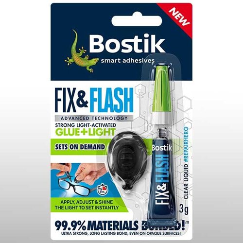 Bostik Fix & Flash is our light activated glue. It's designed to bond 99.9% of materials, sticking to almost anything - even between opaque materials.Our innovative light activated glue offers flexibility whilst retaining its strong adhesive quality. Fix & Flash UV activated glue does not set until you shine the light, so that you can position and reposition until you're happy.