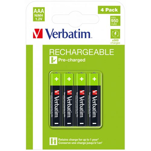 Verbatims Premium Rechargeable Batteries can be used in digital cameras, remote controls, MP3 players and other devices. They are up to 5 times longer lasting than alkaline batteries in digital cameras (performance may vary under operating conditions). Verbatims Rechargeable Batteries can be charged and used around 300 times. Great for your power-hungry devices, these batteries come pre-charged and will retain their charge for up to 1 year. Rechargeable batteries are environmentally friendly.