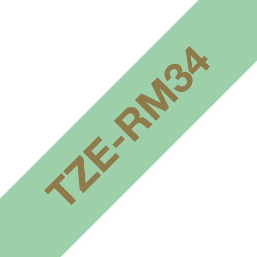 BRTZERM34 | Use the TZe-RM34 together with your P-touch printer to express your best wishes to loved ones on special occasions. Work your magic to add a personalised touch to gifts, cards and crafts, with the genuine Brother TZe-RM34 ribbon tape.With the TZe-RM34 you can enjoy fast and reliable output, as well as a sharp and professional standard of printing. The beautiful gold on mint green Brother TZe-RM34 labelling tape is guaranteed to provide you with quality labels.With a luxury shiny finish this is non-adhesive fabric ribbon is perfect for present wrapping and crafting.