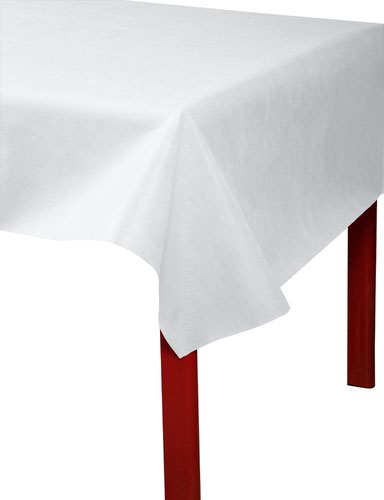 14872EX | White Spunbond tablecloth. This qualitative, fabric-effect tablecloth is water repellent, tearproof and ecological. Particularly suitable for buffets that need a long-lasting appearance.