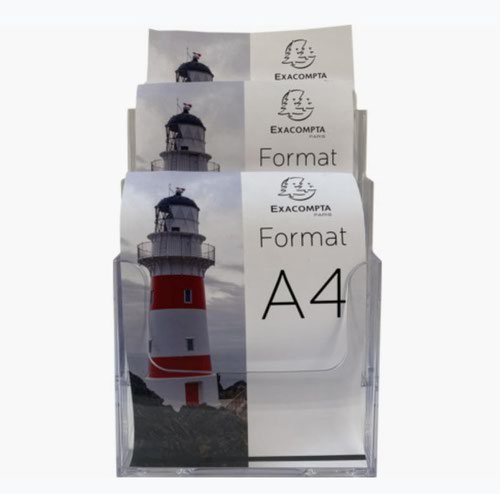 Clear polystyrene leaflet/literature display holder in A4 format.