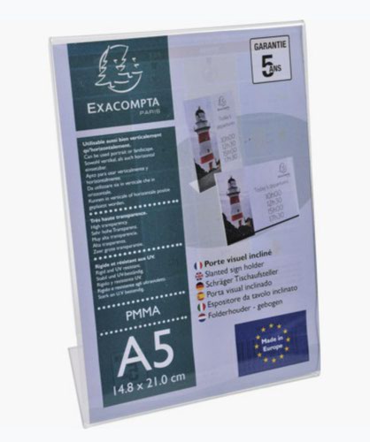 Exacompta Slanted Sign Holder Portrait A5 Clear Acrylic 85058D 15110EX Buy online at Office 5Star or contact us Tel 01594 810081 for assistance
