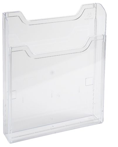 Clear polystyrene wall box literature display holder in A6 format.