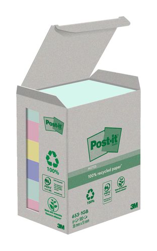 Post it Recycled Notes Assorted Colours 38x51mm 100 Sheets (Pack 6) 7100259445