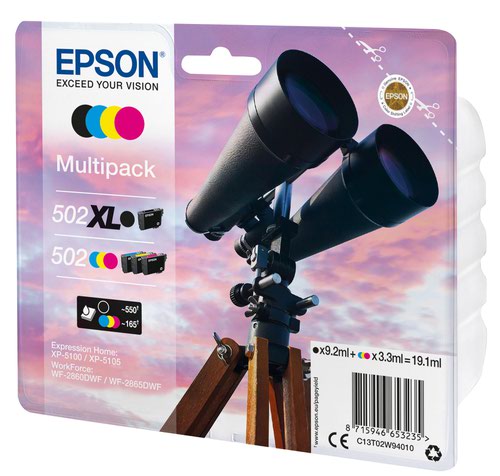Epson 502XL Binoculars Black Cyan Magenta Yellow Ink Cartridge Multipack 9.2ml + 3 x 3.3ml (Pack 4) - C13T02W94010  EPT02W94010