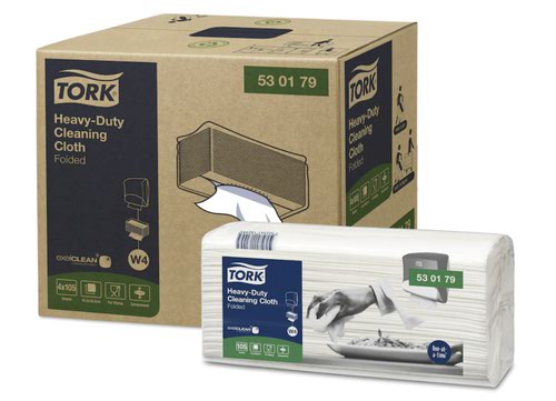These Tork cleaning cloths offer heavy duty cleaning to effectively tackle oil, grease and water while protecting hands from heat and metal scraps. For use with the W4 top pak system dispenser. Single-sheet dispensing cuts wastage and the packaging is made from recycled materials making for an extra eco-friendly choice. 1-ply. Made from 100% recycled fibres and minimum 30% recycled plastic. Each bundle contains 105 cloths, each cloth measuring 415 x 355mm.