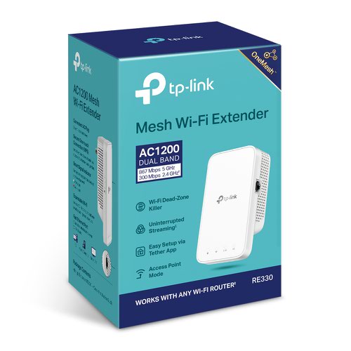 8TPRE330 | The AC1200 Wi-Fi Range Extender connects to your router wirelessly, strengthening and expanding its signal into areas it can’t reach on its own, achieving speeds of 300 Mbps on the 2.4 GHz band and 867 Mbps on the 5 GHz band.More than a traditional Wi-Fi extender - connect with any Wi-Fi router to boost your Wi-Fi range or to a OneMesh™ router to create a mesh network for seamless whole-home coverage.