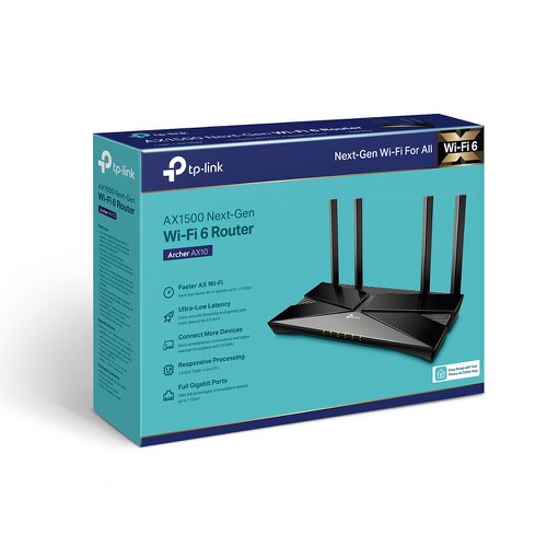 TP Link Archer AX1500 WiFi 6 1500Mbps 4 Port Gigabit Ethernet Router Black Network Routers 8TPARCHERAX10