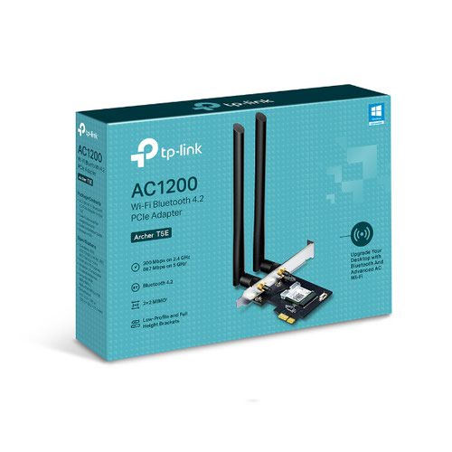 8TPARCHERT5E | Upgrade your desktop with super-fast Wi-Fi and Bluetooth.Archer T5E is an 802.11ac dual-band Wi-Fi PCI Express adapter with speeds up to 1167 Mbps (867 Mbps on the 5 GHz band and 300 Mbps on the 2.4 GHz band), providing Wi-Fi signals on two separate bands for all your online needs. Choose the 2.4 GHz band for surfing, emailing, and social media, or switch to 5 GHz band for gaming, streaming, and large file downloads.Archer T5E is compatible with advanced Bluetooth 4.2 technology, achieving 2.5x faster speed and 10x more packet capacity than Bluetooth 4.0 to turn non-Bluetooth PCs into Bluetooth-Capable. Just connect your Bluetooth devices to your computer and enjoy. Two powerful signal-boosting high-gain antennas greatly extend your existing Wi-Fi reception capabilities, allowing you to enjoy fast and uninterrupted 4K streaming and smooth gaming.