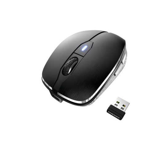 CH09569 | The Cherry MW 8C Advanced is a classically designed wireless mouse with an anodized aluminium surface and rubberized sides. The wireless mouse is precise even on 4K monitors. It has a four-stage, adjustable resolution and a high-precision sensor with laser LED that even works on glass. The generous lithium-ion battery (550 mAh) keeps you up and running for weeks on a single charge. The status LED not only indicates the battery and charging status, it also shows you the selected resolution and connection status. A switch on the bottom of the mouse lets you toggle back and forth between 2.4GHz wireless and Bluetooth. In both cases, data is transferred with AES-128 encryption.