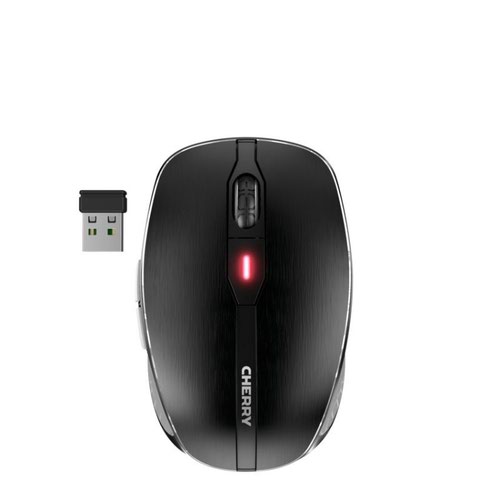 CH09569 | The Cherry MW 8C Advanced is a classically designed wireless mouse with an anodized aluminium surface and rubberized sides. The wireless mouse is precise even on 4K monitors. It has a four-stage, adjustable resolution and a high-precision sensor with laser LED that even works on glass. The generous lithium-ion battery (550 mAh) keeps you up and running for weeks on a single charge. The status LED not only indicates the battery and charging status, it also shows you the selected resolution and connection status. A switch on the bottom of the mouse lets you toggle back and forth between 2.4GHz wireless and Bluetooth. In both cases, data is transferred with AES-128 encryption.