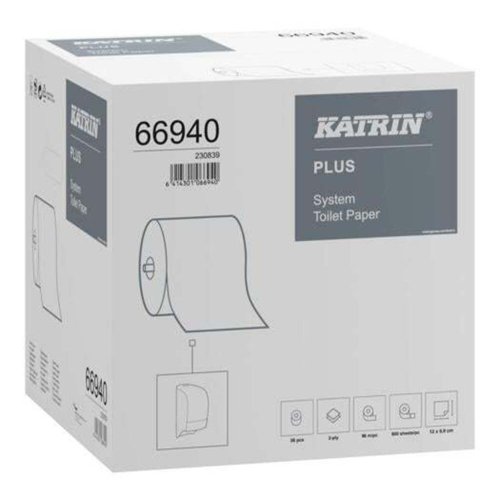 KZ06694 | Katrin Plus System toilet 800 is soft, high quality, white, 2 ply toilet paper. For use with the Katrin System toilet roll dispenser. This very large roll size of 800 sheets is suitable for high traffic bathrooms. Made from high quality fibres and proven to break down within 90 seconds, preventing blockages. Certified under the Nordic Swan Eco Label.