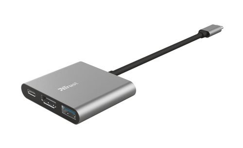 8TR23772 | Stylish aluminium 3-in-1 USB-C multiport adapter to add USB and HDMI ports and a Type-C charging port to your laptop.Upgrade Your WorkflowWith the Trust Dalyx 3-in-1 Multiport USB-C Adapter you can really get the most out of your laptop. Extend the number of ports on your laptop and connect with multiple devices through an HDMI, a USB-A and a USB-C charge port.Easy Setup And CompatibilityThe versatile Trust Dalyx 3-in-1 Multiport USB-C Adapter works with every laptop, MacBook and tablet* that has a USB-C port. The Dalyx allows you to transfer data extra-fast over the USB-A port, at a speed of up to 5 Gbps via USB 3.2 Gen 1. There’s no need to install software for this handy tool; just plug in & play! *Compatibility with Android tablets may vary, depending on USB-C implementationBroad ConnectivityUsing a single USB-C port on your device, the Dalyx offers all-round connectivity. Connect your tablet or laptop to a monitor or TV through the HDMI port to watch films and view photos in ultra-high resolution and rich colours thanks to HDMI 1.4 (4k30Hz). Charge your laptop via the USB-C PD (Power Delivery) port and add other devices like your keyboard or an external drive using the USB-A port.Stylish Office and Travel EssentialThe adapter comes in a durable die-cast aluminium alloy housing, making for a stylish addition to your desk setup and work kit, whilst its compact design makes it perfect for travelling. If you need to connect with various devices away from home, the Dalyx is your go-to office and travel essential.