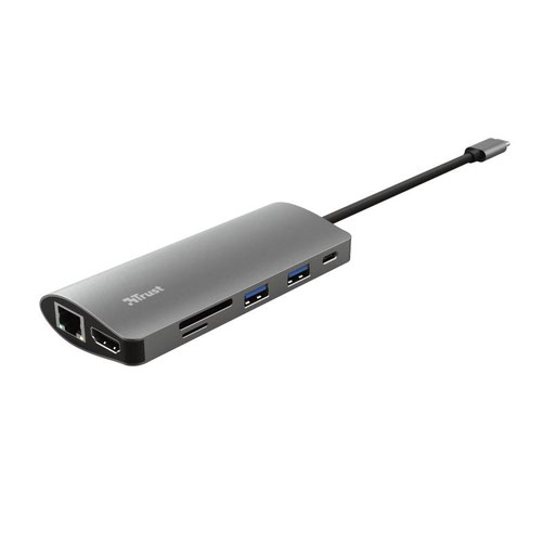 8TR23775 | Stylish aluminium multi-port adapter to add HDMI, network, card reader, USB-C and USB ports to your laptop using a single USB-C connectionConnectivity Equals ProductivityThin laptops are great, but their lack of connection ports can be a problem. Well, no more. With the Trust Dalyx 7-in-1 Adapter your productivity will increase seven-fold thanks to the included HDMI, Ethernet, memory card, USB and USB-C connections.Fast Data TransfersBecause of the fast connection types on the Dalyx 7-in-1 Adapter you’ll transfer files with a speed of up to 5Gbps via USB.  Or use the Ethernet port to connect your laptop to your home or office network for fast Internet access. And because of the HDMI 1.4 connection, you can even connect a 4K monitor with HDR so your photos look more colourful than ever.With Powerful PassthroughBy connecting the Dalyx to the USB-C port on your laptop, you won’t even lose the ability to charge the battery. One of the seven ports is a USB-C connector that supports a power input of up to 5A/100W making it very suitable to pass through the electricity of your power supply.Always On The GoIf you are constantly on the move, the Trust Dalyx 7-in-1 Adapter won’t slow you down one bit. Its small form factor, combined with the sturdy aluminium housing, means you’ll take it anywhere you’ll go. It doesn’t need an additional power supply and when you’re out on a photoshoot or even on vacation, the included card reader will make sure you can back-up your pictures without hassle.