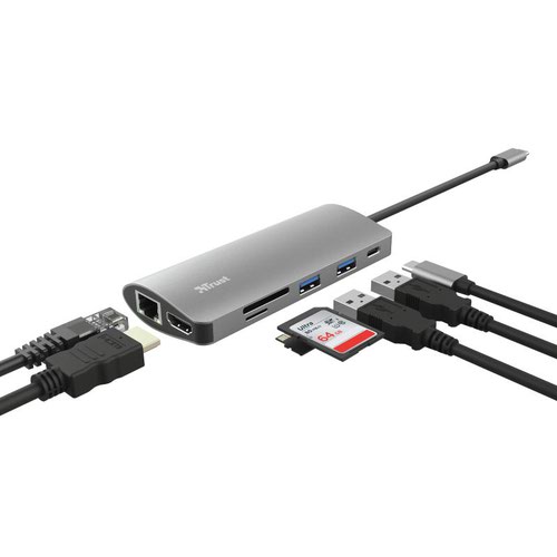8TR23775 | Stylish aluminium multi-port adapter to add HDMI, network, card reader, USB-C and USB ports to your laptop using a single USB-C connectionConnectivity Equals ProductivityThin laptops are great, but their lack of connection ports can be a problem. Well, no more. With the Trust Dalyx 7-in-1 Adapter your productivity will increase seven-fold thanks to the included HDMI, Ethernet, memory card, USB and USB-C connections.Fast Data TransfersBecause of the fast connection types on the Dalyx 7-in-1 Adapter you’ll transfer files with a speed of up to 5Gbps via USB.  Or use the Ethernet port to connect your laptop to your home or office network for fast Internet access. And because of the HDMI 1.4 connection, you can even connect a 4K monitor with HDR so your photos look more colourful than ever.With Powerful PassthroughBy connecting the Dalyx to the USB-C port on your laptop, you won’t even lose the ability to charge the battery. One of the seven ports is a USB-C connector that supports a power input of up to 5A/100W making it very suitable to pass through the electricity of your power supply.Always On The GoIf you are constantly on the move, the Trust Dalyx 7-in-1 Adapter won’t slow you down one bit. Its small form factor, combined with the sturdy aluminium housing, means you’ll take it anywhere you’ll go. It doesn’t need an additional power supply and when you’re out on a photoshoot or even on vacation, the included card reader will make sure you can back-up your pictures without hassle.