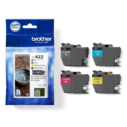 BRLC422VAL | Looking for a cartridge that offers effortless performance every time you print? The Brother LC422VALDR multipack (including black, cyan, yellow and magenta ink cartridges), with colour fade resistant properties guarantees smooth, reliable and top quality printouts from your first to your last print. Our perfectly balanced inks ensure your printer stays working at its best. Brother consider the environmental impact at every stage of your ink cartridge life cycle, reducing waste at landfill. All our hardware and ink cartridges are built to have as little impact on the environment as possible.  Genuine Brother LC422VALDR ink cartridges - worth it every time