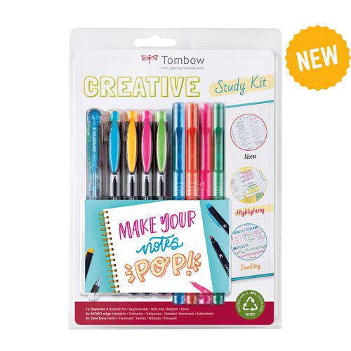 Tombow Creative Study Kit includes 1x Reporter 4 Colour Ballpoint Pen 4x Mono Edge Highlighters and 4x TwinTone Fibre Tipped Pens - STUD-SET  67208TW