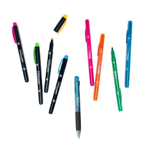 Tombow Creative Study Kit includes 1x Reporter 4 Colour Ballpoint Pen 4x Mono Edge Highlighters and 4x TwinTone Fibre Tipped Pens - STUD-SET Fineliner & Felt Tip Pens 67208TW