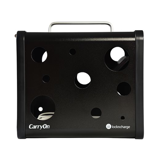 8LNC10049 | Charge, store and carry up to five 7'' to 10'' iPad or tablet devices with or without cases in the LNC10049 CarryOn, an ultra-mobile lockable charging station that can go wherever you go. The CarryOn allows you to carry five devices, together with all the charging hardware and cables in one neat and compact unit. It's lightweight and durable thanks to the aluminium outer shell, while the PCABS alloy edging is impact resistant. The CarryOn’s acrylic door includes a keyed lock to keep devices safe, plus a wall mount kit is included as well.