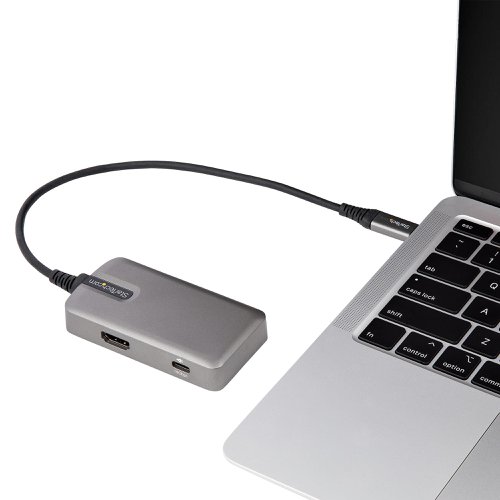 This USB-C multiport adapter with support for 4K 60Hz HDMI (HDR) turns your MacBook Pro, Dell XPS, or other USB-C laptops or tablet into a workstation, anywhere you go. The USB Type-C multiport adapter provides 4K HDMI video output, a USB 3.1 Gen 2 Type-A (10Gbps) port (supporting BC 1.2/7.5W device charging), a USB 3.1 Gen 2 Type-C (10Gbps) port, and an additional USB 3.1 Gen 2 Type-C port that can also be used as a 100W PD 3.0 pass through port - all through one connection to your laptop's USB-C or Thunderbolt 3/4 port. Plus, it offers advanced charging through USB Power Delivery 3.0 and an extra-long attached 10-inch (25 cm) host cable for an extended reach to offer more set up flexibility.USB 3.1 Gen 2 (10Gbps) is also known as USB 3.2 Gen 2x1 (10Gbps).The portable docking station connects your laptop to a 4K 60Hz HDMI monitor (4096 x 2160p) to create a powerful workstation. It can also connect to an ultra-wide monitor with resolutions up to 3440x1440 60Hz.The USB-C to USB 3.1 Gen 2 hub gives you a USB-A (10Gbps) port, and a USB-C (10Gbps) port to connect your USB devices. Plus, when using the multifunction adapter without a power adapter connected, the additional USB-C port, that the power adapter connects to, can be used as a USB-C (10Gbps) peripheral port.For mobile use, the USB-C adapter can operate with bus-power alone, or with a USB-C power adapter for laptop and BC 1.2 peripheral charging. The docking station is lightweight and fits easily into a laptop bag for on-the-go travel use in your office, home office and shared work spaces.With support for USB PD 3.0 (up to 100W), the USB Type-C multiport adapter lets you power and charge your laptop, and power your peripherals when connected to a USB-C power adapter. PD 3.0 features Fast Role Swap to prevent USB data and video disruption when you switch power sources (USB-C power adapter to bus power).Developed to improve performance and security, StarTech.com Connectivity Tools is the only software suite on the market that works with a wide range of IT connectivity accessories. The software suite includes:Advanced Windows Layout Utility: To setup and save custom windows layouts.USB Event Monitoring Utility: To track and log connected USB devicesThe DKT31CHPD3 is backed by a StarTech.com 3-year warranty and free lifetime technical support.