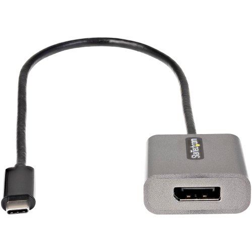 This USB-C™ to DisplayPort™ adapter enables you to output DP video and audio from the USB Type-C™ port on your laptop, tablet, smartphone or other USB C device.This USB C adapter is equipped with an extra-long 12” (30cm) attached cable, providing an extended reach to reduce port and connector strain on 2-in-1 devices or laptops on risers stands.The adapter lets you harness the video capabilities that are built into your computer's USB Type-C connection, to deliver the astonishing quality of UHD to your 4K 60Hz display. This makes it easier for you to multitask while working on the most resource-demanding applications imaginable.With this adapter, you can also achieve an output resolution of up to 7680x4320 at 60Hz (with a laptop supporting DP 1.4 and DSC) or 7680x4320 at 30Hz (without DSC), which is perfect for performing high-resolution tasks such as viewing 8K video. Plus, the DP 1.4 adapter is backward compatible with 1080p displays, which makes it a great accessory for home, office or other workspace applications while future-proofing for 8K implementation.This USB Type-C video adapter is highly portable with a small footprint and lightweight design that's easy to tuck into your laptop bag while commuting between your home, office or traveling for business.The CDP2DPEC is backed by a 3-year StarTech.com warranty and free lifetime technical support.