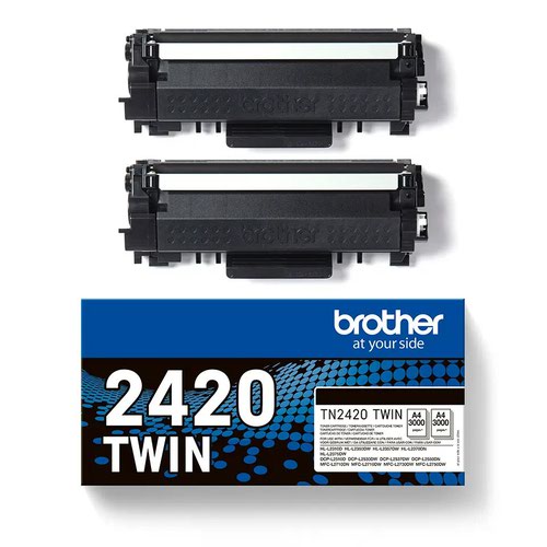 BRTN2420TWIN | Genuine Brother TN2420TWIN black toner cartridge twin pack. Each cartridge prints up to 3,000 pages.