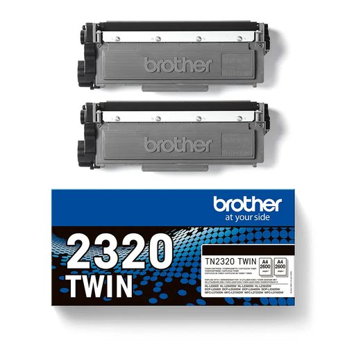 BRTN2320TWIN | Genuine Brother TN2320TWIN black toner cartridge twin pack. Each cartridge prints up to 2,600 pages.