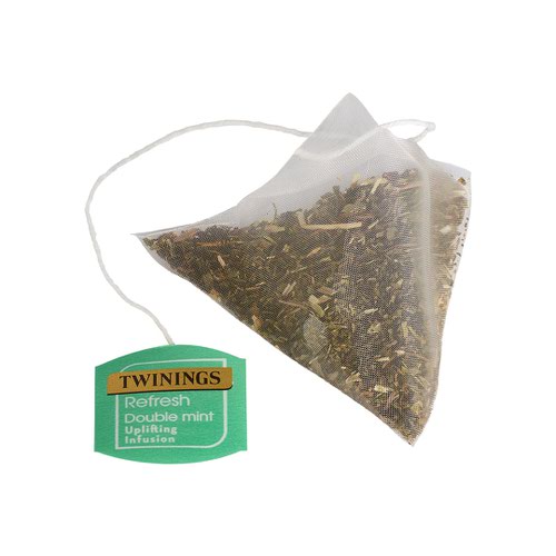Twinings Refresh Double Mint tea is a smooth blend of smooth peppermint with bursts of sweet spearmint. These loose leaf pyramid tea bags are individually wrapped for freshness and hygiene. Ideal for use in cafes, canteens and break-out areas. Each box contains 15 tea bags.