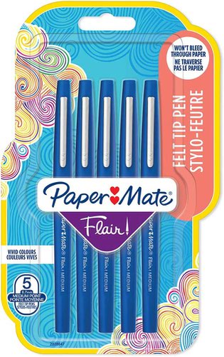 Paper Mate Flair Fibre Tip Pen Medium Point 0.7mm Blue (Pack 5) 2028647