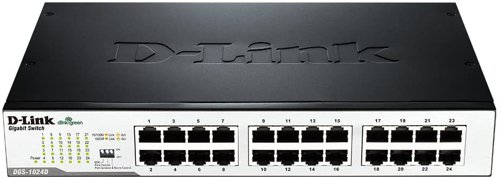 The D-Link DGS-1016D and the DGS-1024D 24-Port Unmanaged Gigabit Switch series offer an economical way for SOHO and Small-to-Medium Businesses (SMB) to take advantage of Gigabit Ethernet speeds while reducing energy consumption and minimizing noise output.Gigabit ConnectivityThe DGS-1016D/1024D switches bring the speed of Gigabit Ethernet to all ports for a truly high-speed network. If your network has a mix of legacy and modern connection interfaces, each port allows for standard Ethernet, Fast Ethernet, or Gigabit Ethernet connections. You have the latest technology available to every computer and device connected to your network.Improved Network EfficiencyThe DGS-1016D/1024D switches incorporate several advanced features to help simplify and improve network management and efficiency. Flow Control throttles connections to ensure reliability during heavy usage periods by reducing packet loss and wasteful data retransmission. In addition, Storm Control and Port Isolation mitigate the effects of broadcast storms caused by rogue software and malware, which can propagate across the network and bring communication to a standstill.Innovative DesignThe DGS-1016D/1024D feature a durable, compact metal case alongside a fanless design allowing for improved heat dissipation while maintaining silent operation. The 16/24-Port Gigabit Unmanaged Switch series is small, lightweight, wall-mountable, and is ideal for any business with demanding requirements and a small budget.