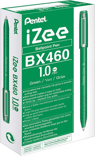 Pentel IZEE Ballpoint Pen Cap-Style 1.0mm Tip 0.5mm Line Green (Pack 12) BX460-D