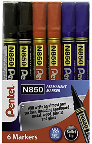 Pentel N850 Permanent Marker Bullet Tip 2.1mm Line Assorted (Pack 6) YN850/6-M 76336PE