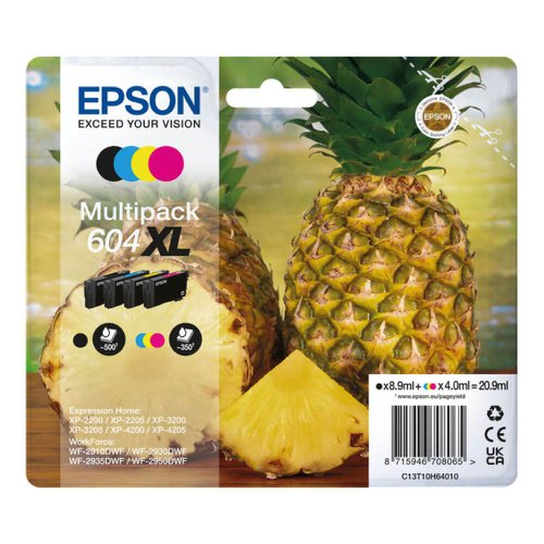 Epson Pineapple 604 Black Cyan Magenta Yellow High Capacity Ink Cartridge Multipack 8.9ml + 3 x 4ml (Pack 4) - C13T10H64010
