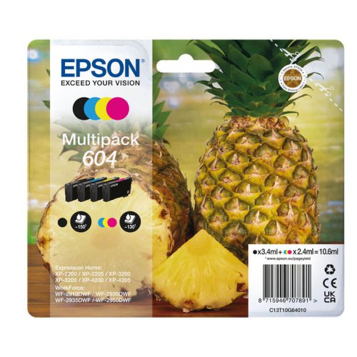 Epson Pineapple 604 Black Cyan Magenta Yellow Standard Capacity Ink Cartridge Multipack 3.4ml + 3 x 2.4ml (Pack 4) - C13T10G64010