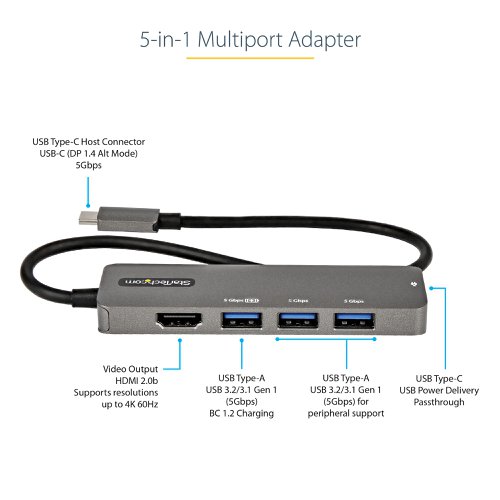 StarTech.com USB C 4K 60Hz HDMI Multiport Adapter with Power Delivery 8STDKT30CHPD3