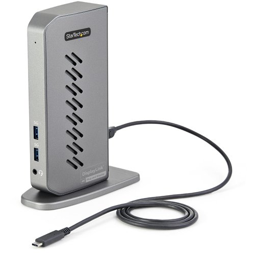 8STDK30A2DHUUE | Transition from the legacy USB-A (USB 3.1/3.0) to newer USB-C laptops with this universal laptop docking station for USB-C and USB-A laptops. The USB 3.1 Gen 1 (5 Gbps) Type-C dock features dual HDMI and/or DisplayPort monitors, fast-charge, six USB Type-A downstream peripheral ports, and headset audio.This is a dual 4K60Hz video docking station with support for both Ultra HD DisplayPort and/or HDMI monitors that lets you configure your video connections to best suit your needs.This docking station is fully certified to meet top industry standards for DisplayLink (video connections) certification to guarantee the highest quality, performance, and compatibility.For fast setup right out of the box, the two included host cables (USB-C and USB-A) connect to any laptop. The included dock stand lets you position the dock vertically to save space or lay flat on the desk.Connect your devices with six downstream USB Type-A (USB 3.0 5 Gbps) ports, two positioned on the front, and four on the back. The dock provides a GbE port and a 3.5 mm 4-position headset audio jack.